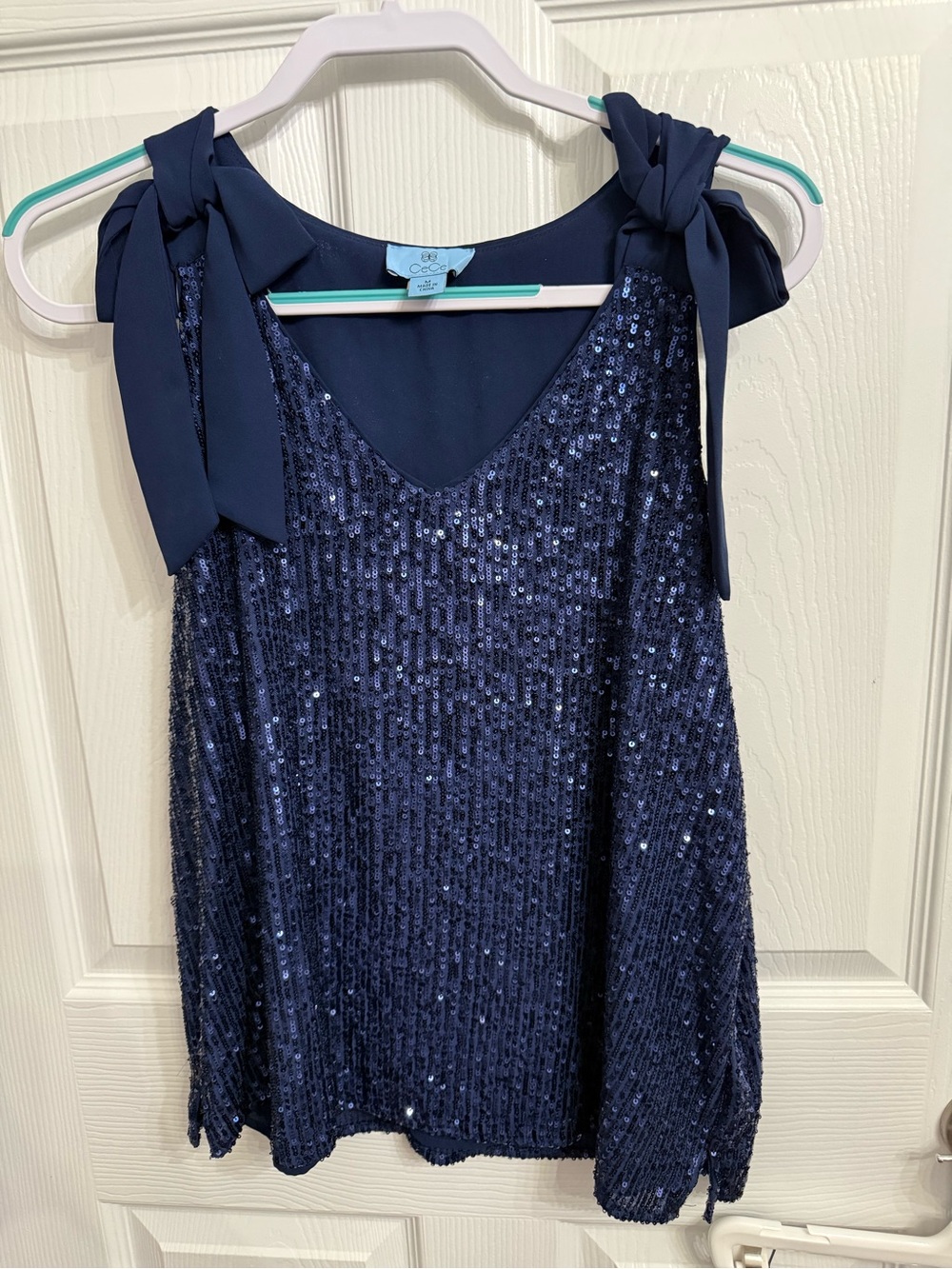 CeCe Navy Sequin Bow Shoulder Tank Top Medium Party Holiday Glam Sparkle